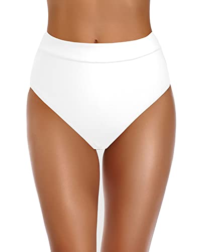 Flattering High Cut Swim Bottom Swimsuit High Waisted Bikini Bottoms-White