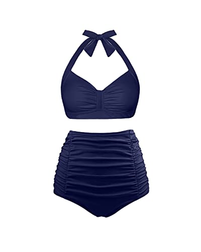 Push Up Halter Women's Maternity Swimsuit For Moms And Juniors-Navy Blue
